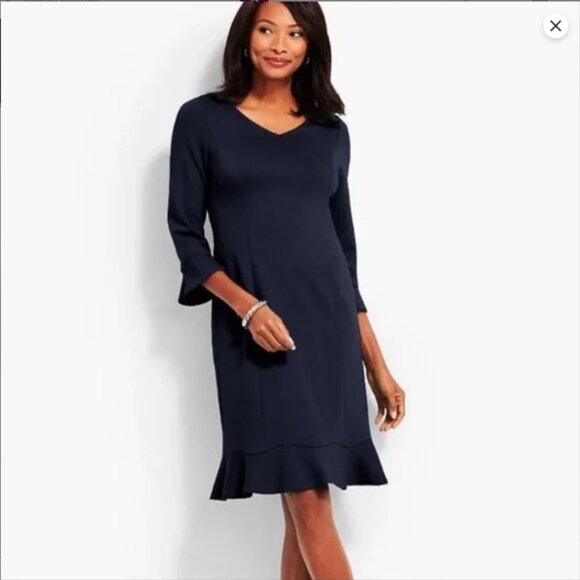 Talbots Dress Womens US 2 Blue V Neck Sheath Bell Sleeve Flounce Ponte Stretch - Picture 10 of 10